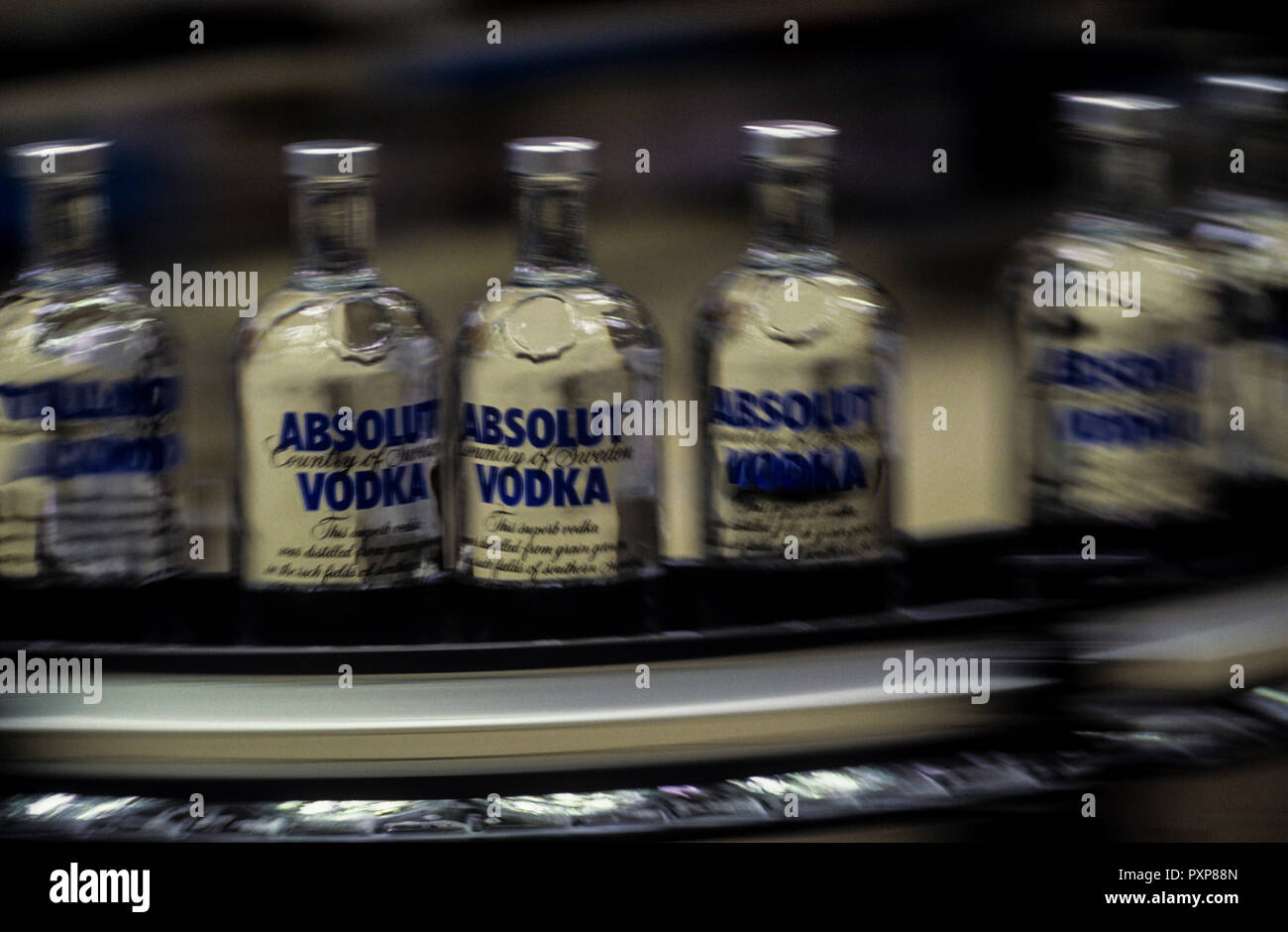 Absolut Vodka Made In Ahus Skane Region In South Sweden Picture Shows Bottles On The Assembly Line Stock Photo Alamy