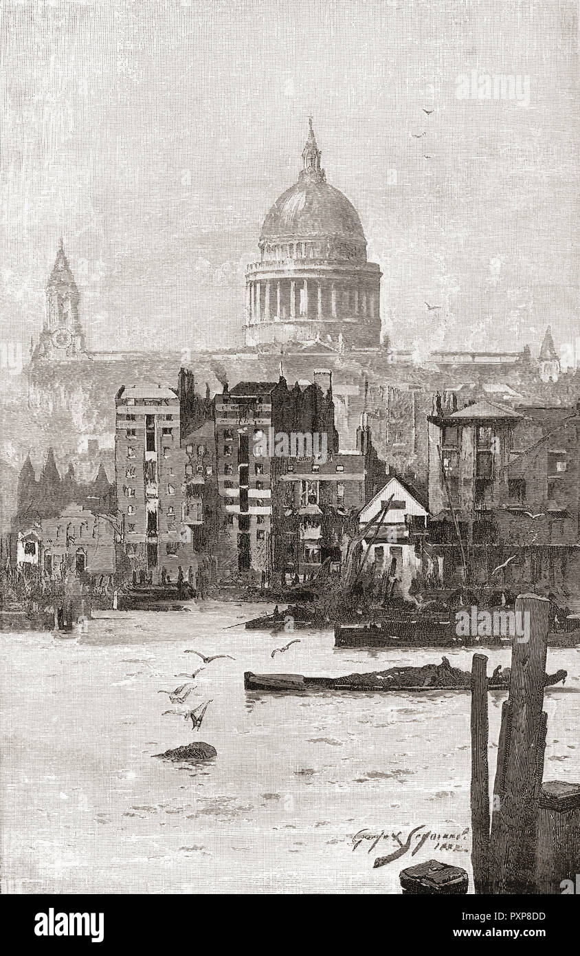 St. Paul's Cathedral, London, England, seen from the River Thames in the 19th century.  From London Pictures, published 1890. Stock Photo