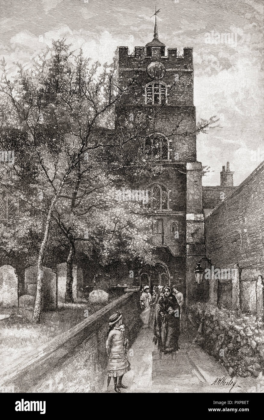 The Priory Church of St Bartholomew the Great, aka Great St Bart's, West Smithfield, London, England, seen here in the 19th century.  From London Pictures, published 1890. Stock Photo
