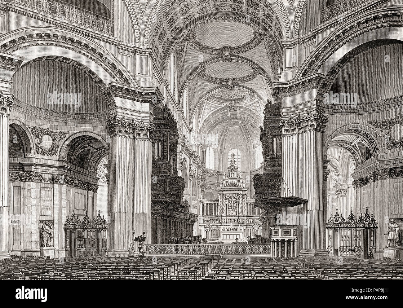 Interior of St. Pauls from under the dome, looking east. From London Pictures, published 1890. Stock Photo