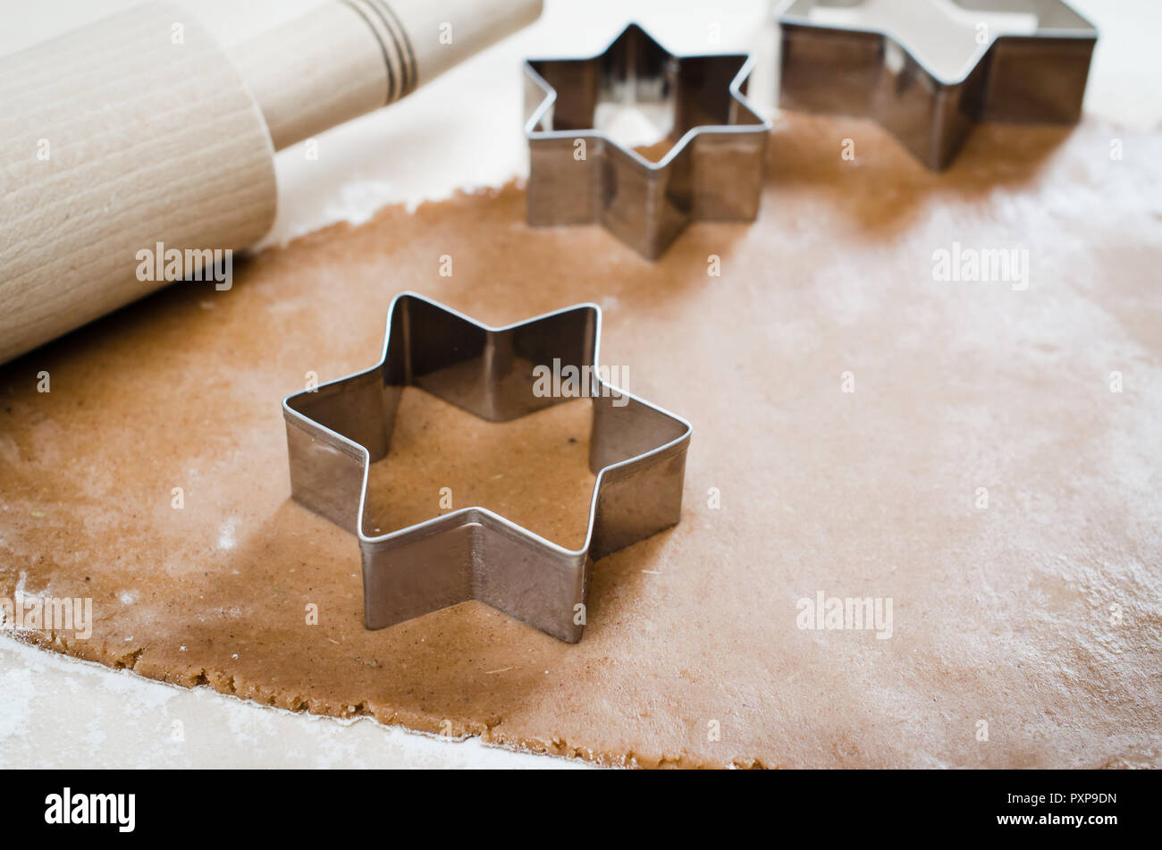 Cooking Christmas cookies. Gingerbread dough with spice. Forms for ...