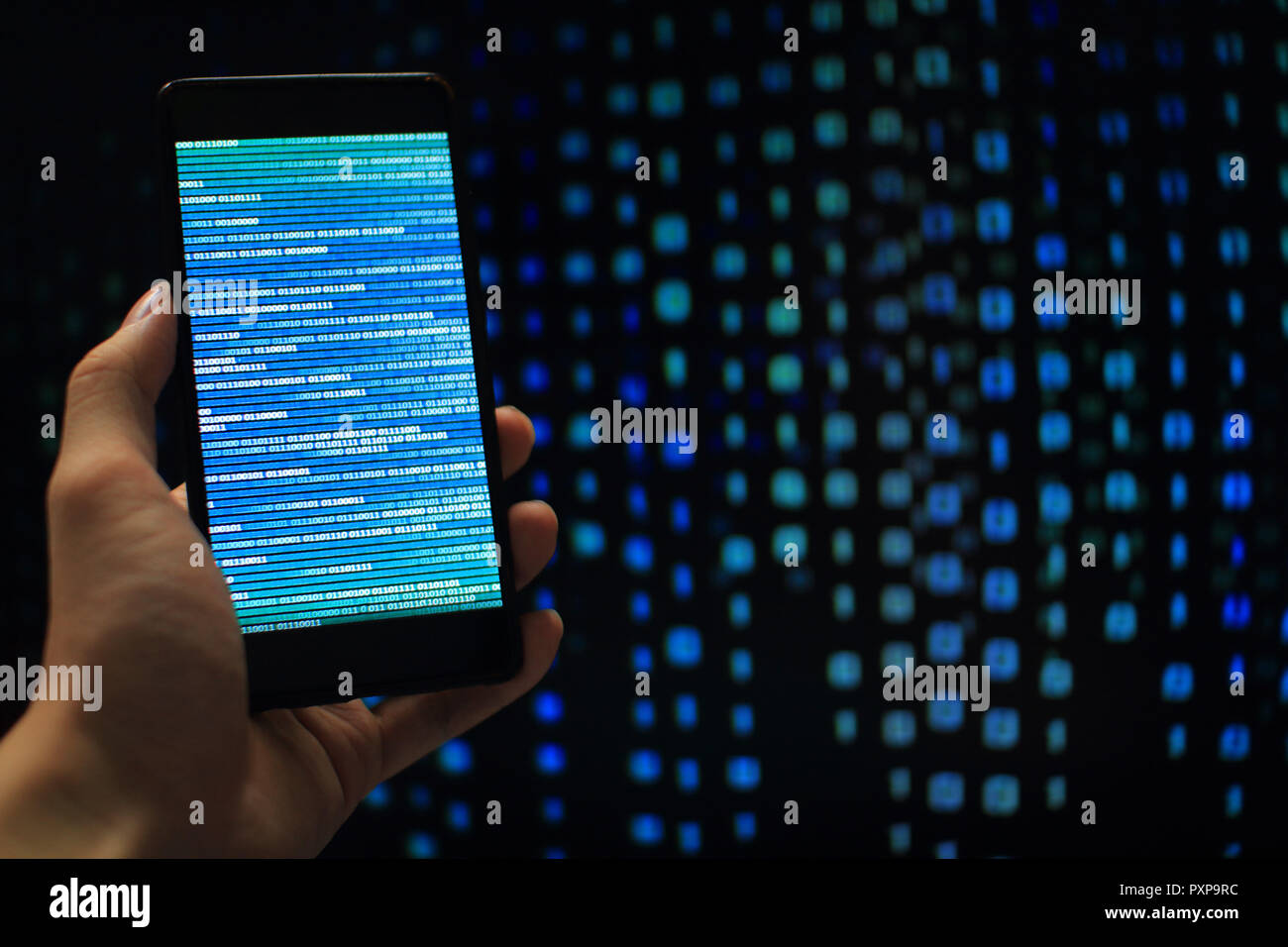 Missing data. multiple layer of information on mobile screen some missing from screen and error occurred. binary code on mobile and computer screen Stock Photo