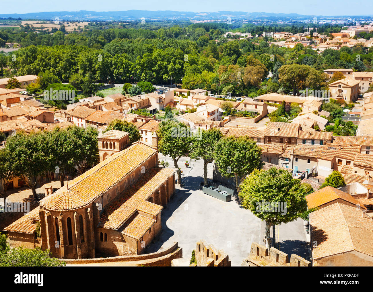 Aerial view of St. Gimer church from the western wall of Carcassonne citadel at sunny day Stock Photo