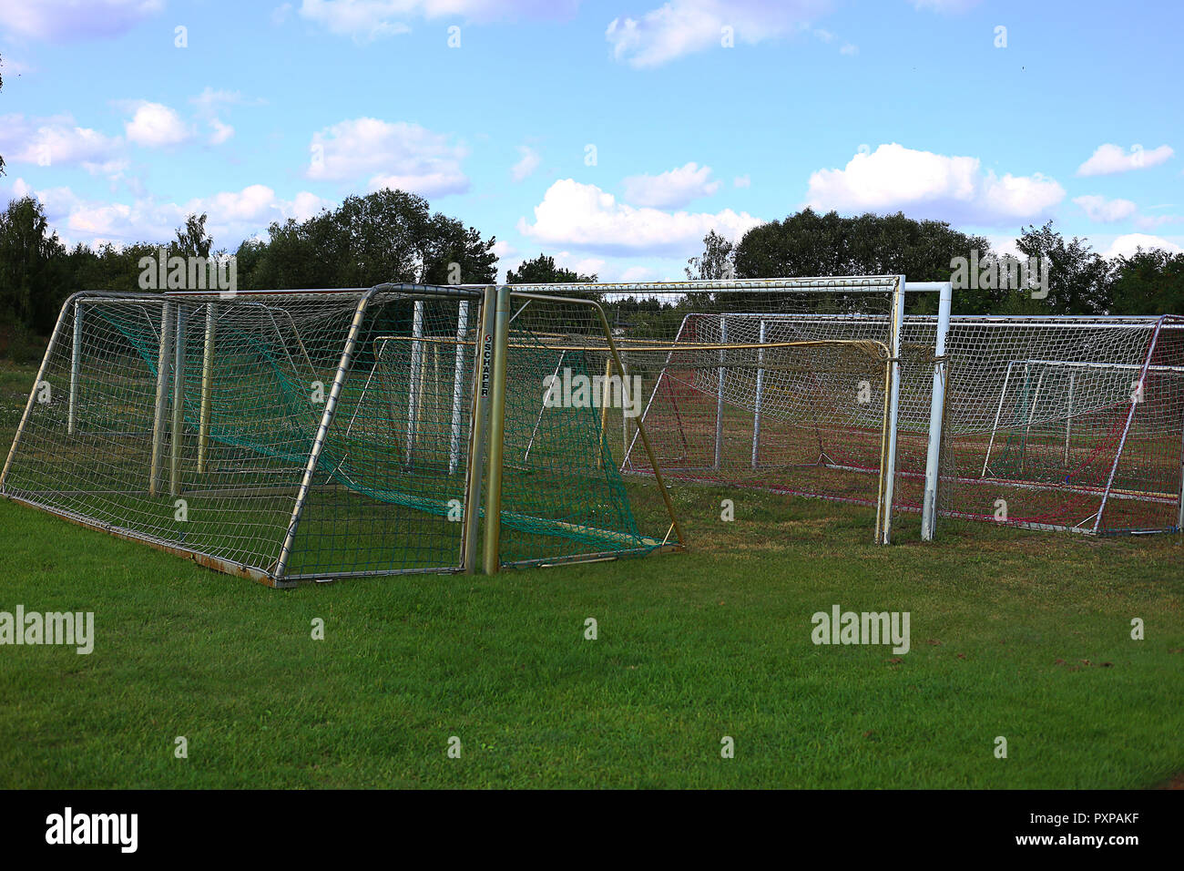 cleared up goalposts kept on site Stock Photo