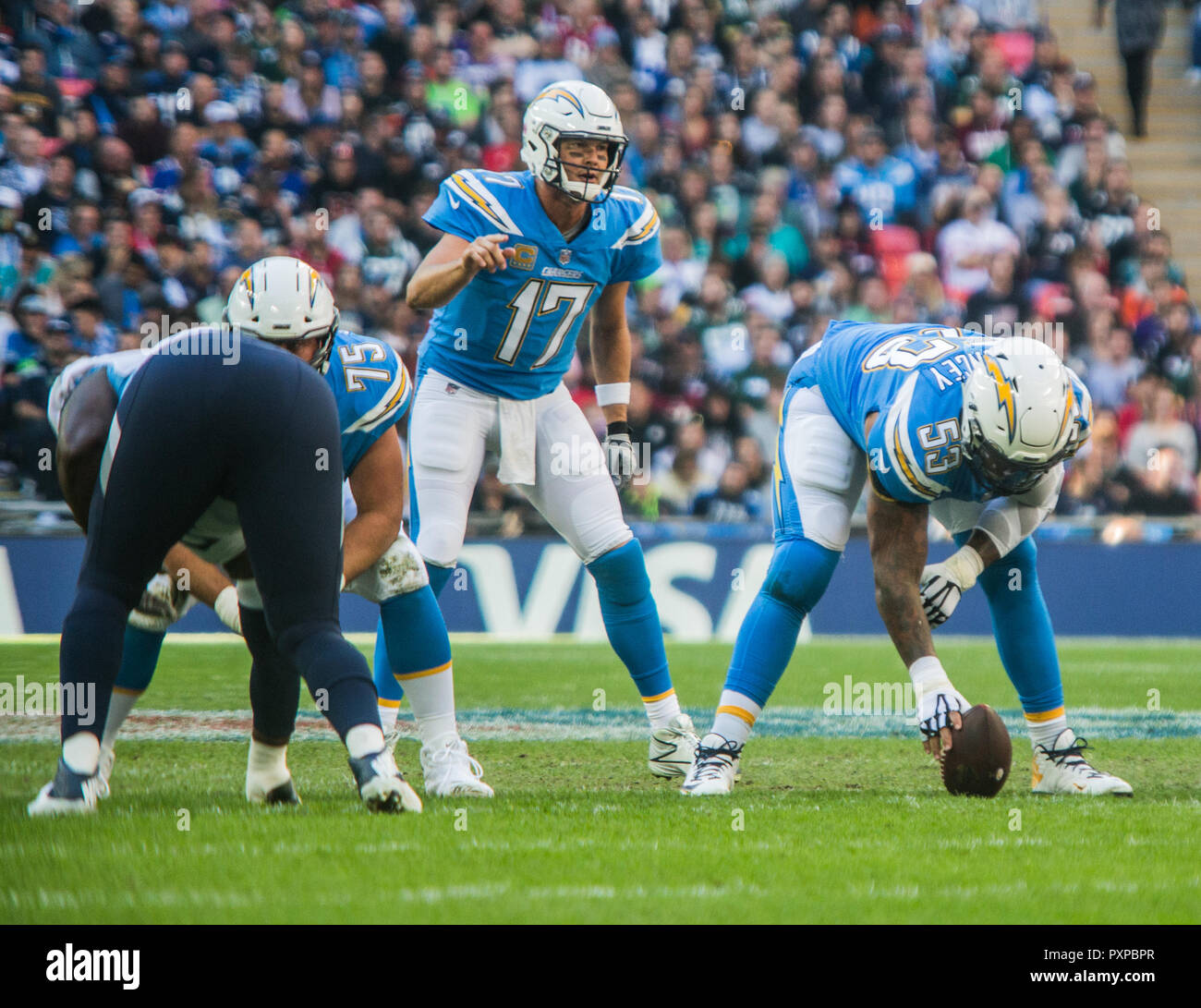 21st October 2018 LONDON, ENG - NFL: OCT 21 International Series - Titans at Chargers Los Angeles Chargers Quarterback Philip Rivers (17) and Los Angeles Chargers Center Mike Pouncey (53) - Credit Glamourstock Stock Photo