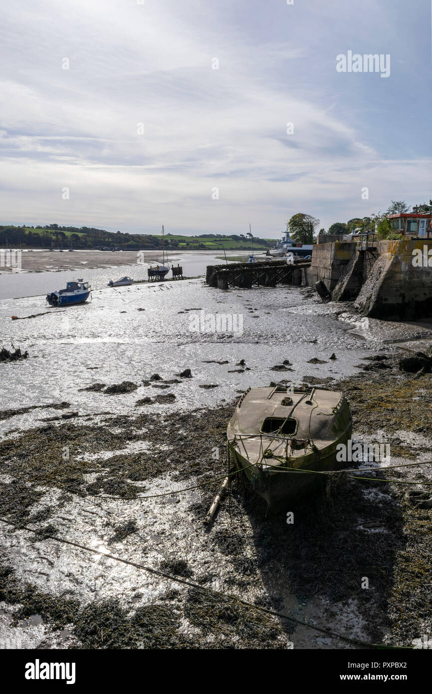 A view of a beached boat at Appledore, Devon when the tide is out Stock Photo