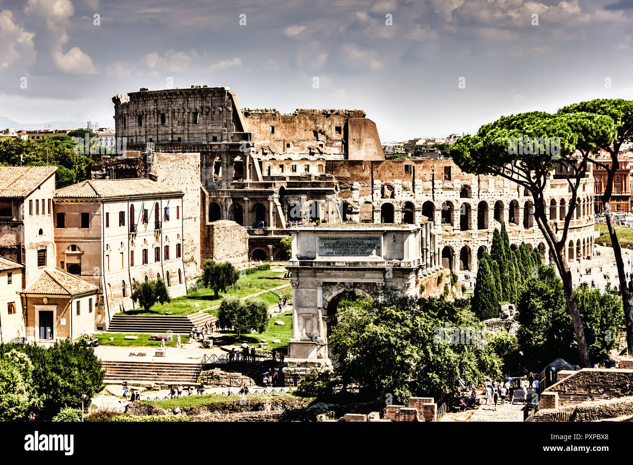 The Colosseum and the  Arch of Titus, view from the Roman Forum Stock Photo