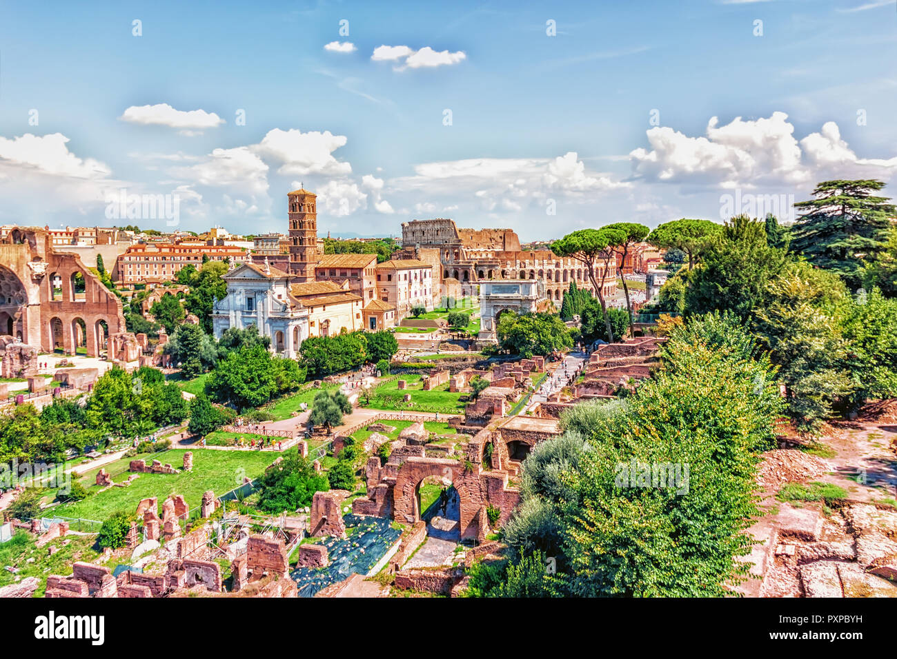 The Roman Forum, the Tower of the Militia and the Coliseum view Stock ...