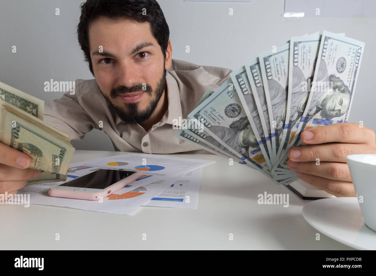 Cash bills from USA currency. Dollars. Business man offerign bills and