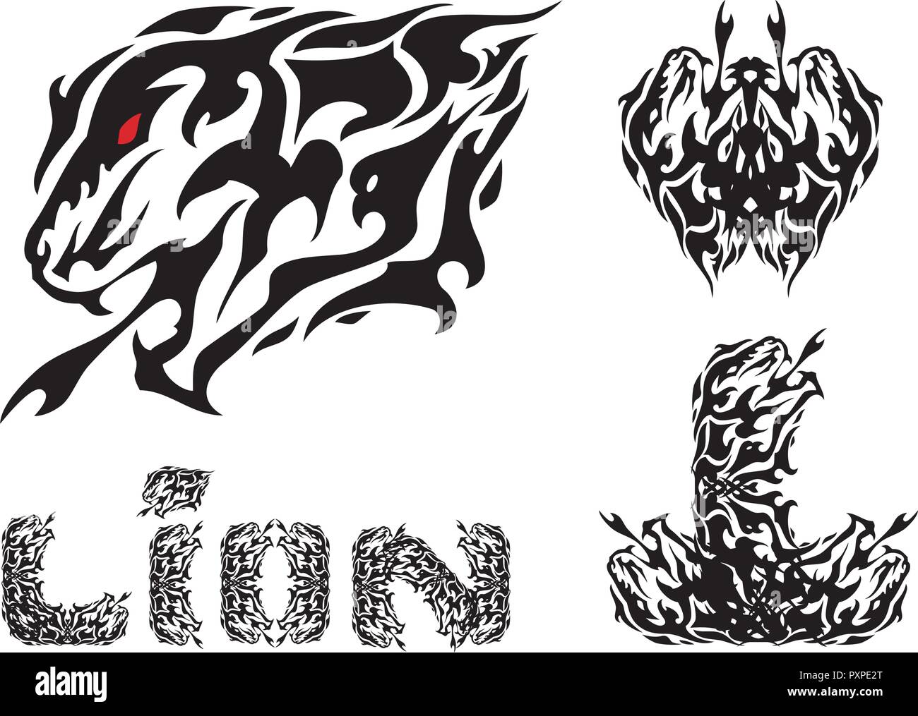 Aggressive lion head symbols and lion text. Tribal growling lion head