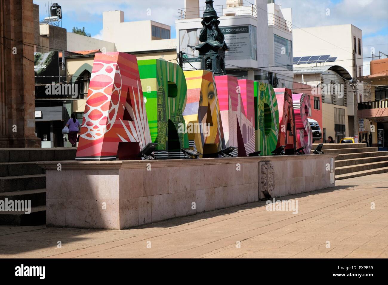 Angled view of the Arandas sign in the main downtown plaza in Arandas ...