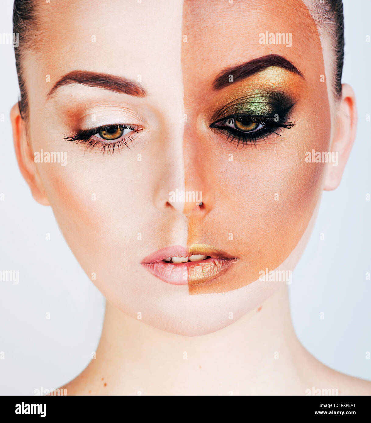 half faced woman before tanning and after, creative make up Stock Photo