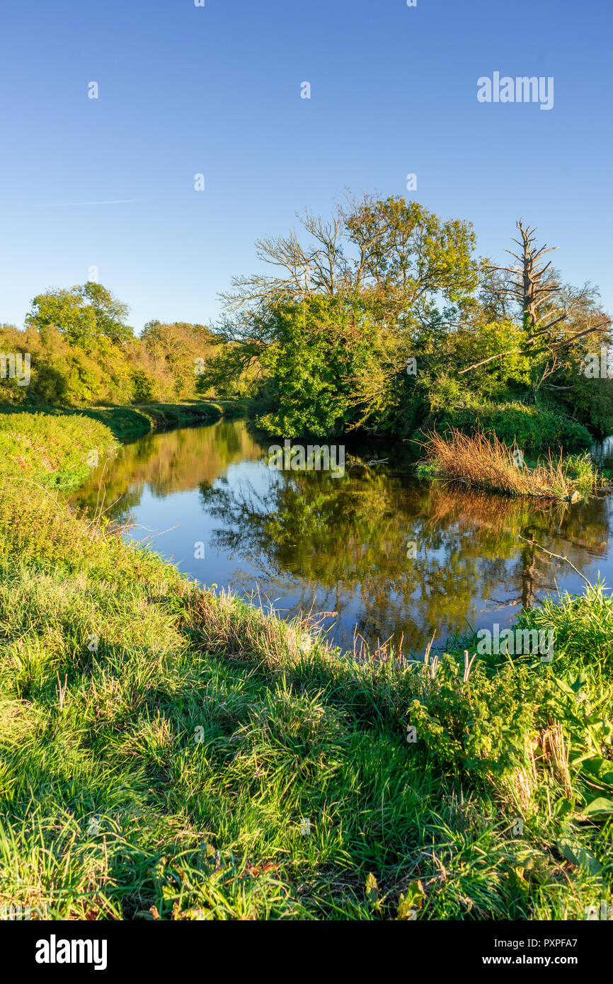 Scenic view along Stour Valley Way with autumnal trees reflected in the Stour river during a sunny day in October 2018, Dorset, England, UK Stock Photo