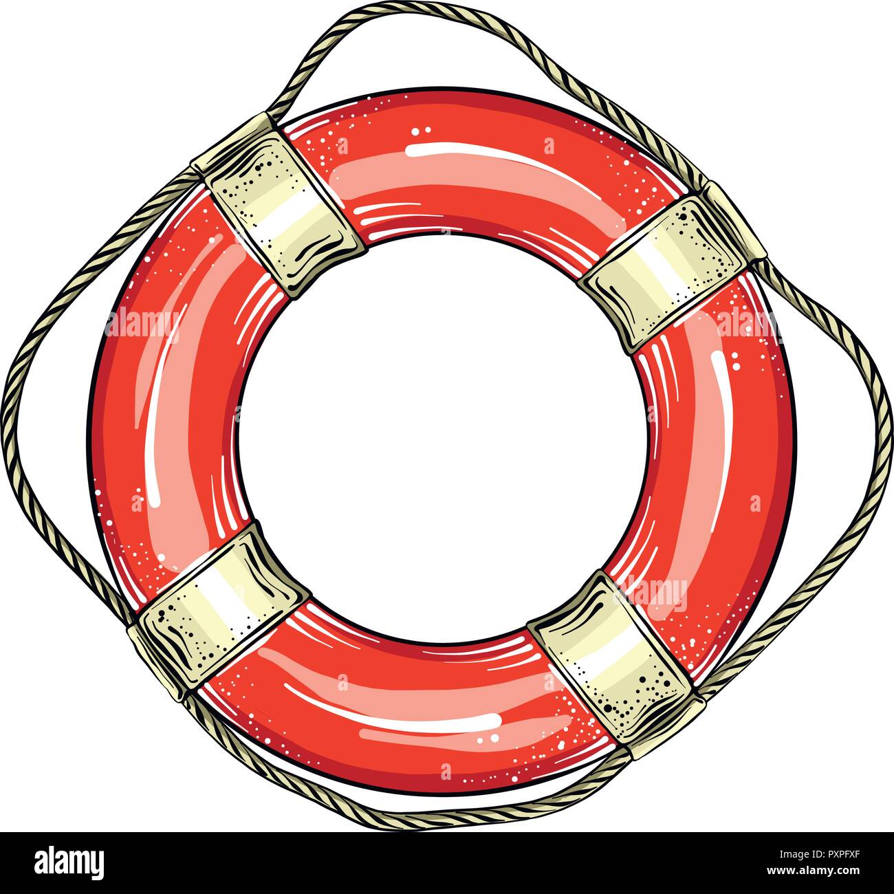 Hand drawn sketch of lifebuoy in red and white color, isolated on white background. Detailed vintage style drawing. Vector illustration Stock Vector