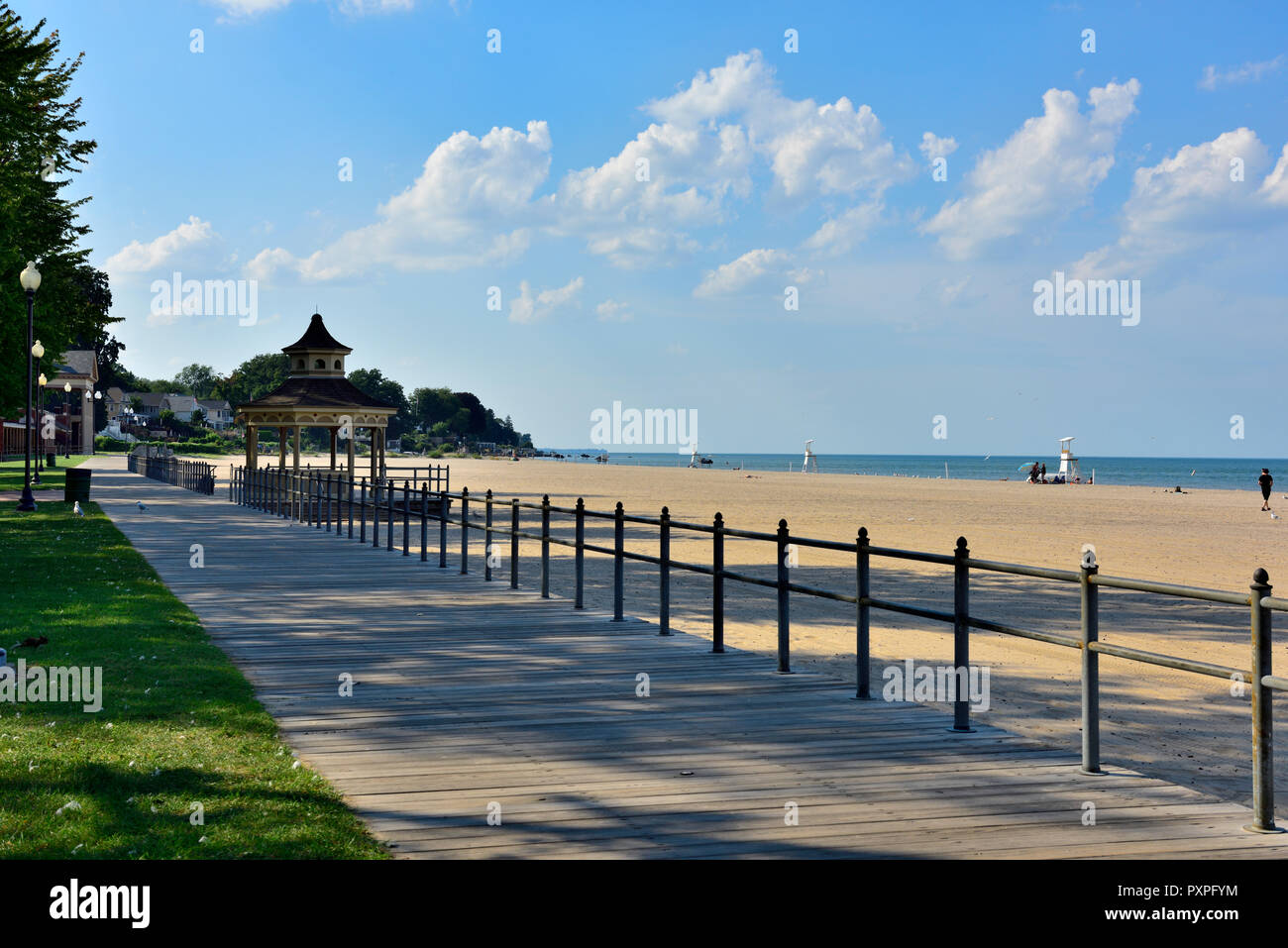 Boardwalk along beach and shade of Ontario Beach Park, Rochester, Lake