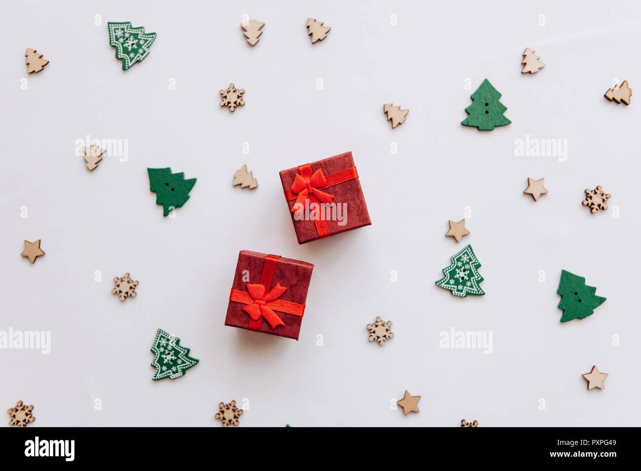 Christmas Background Red Boxes With Gifts And Wooden