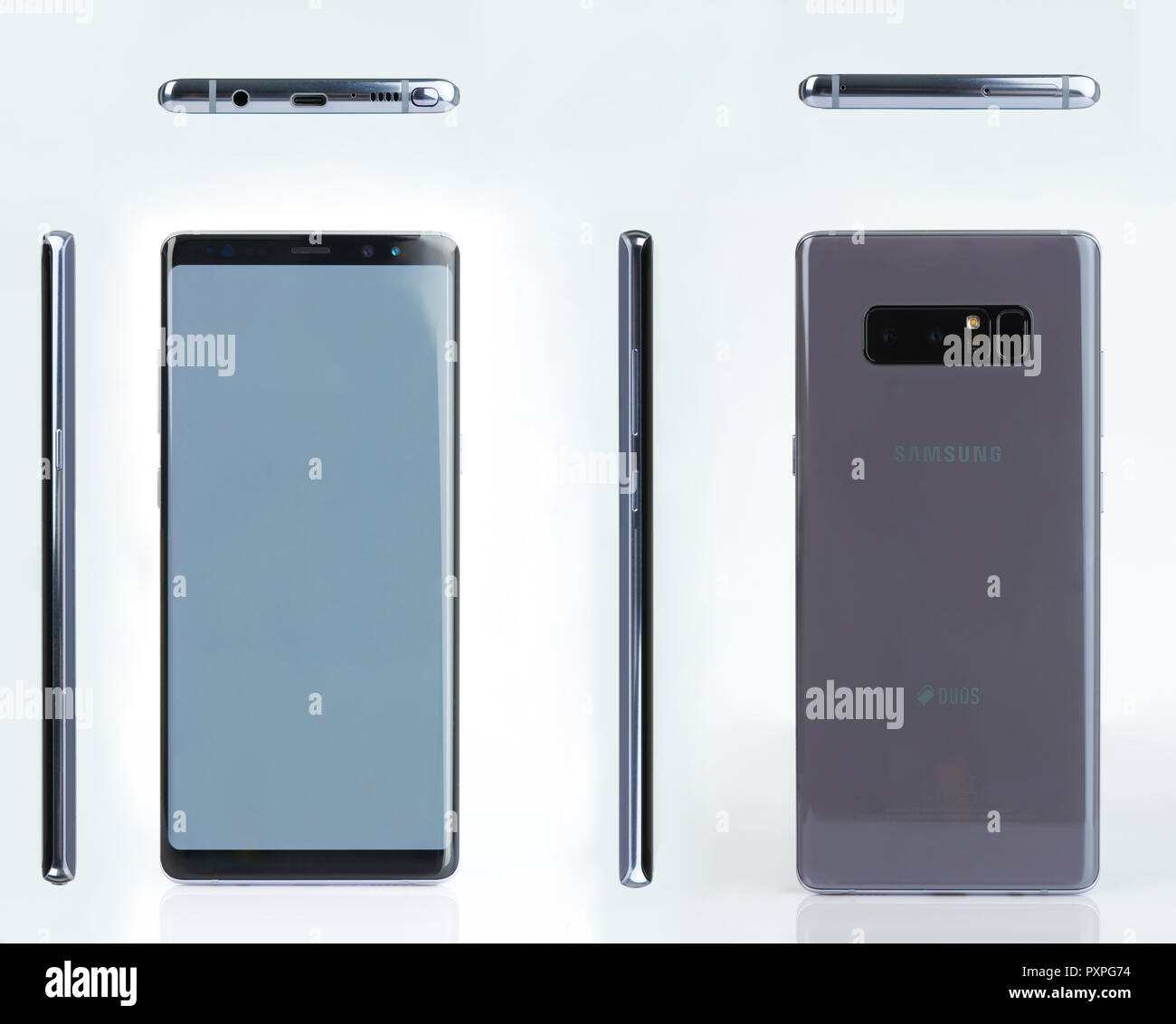 New york, USA - october 15, 2018: Different views of smasung note 8 orchid gray color Stock Photo