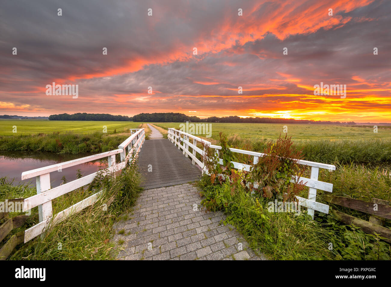 Bridge over lowland river Grootdiep near Oosterwolde, Friesland
