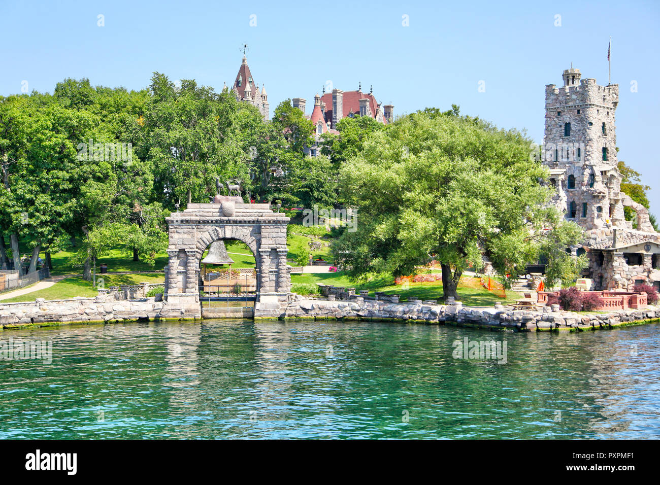 ALEXANDRIA, USA - August 24, 2012: Historic Boldt Castle in the 1000 Islands region of New York State on Heart Island in St. Lawrence River. In 1900,  Stock Photo