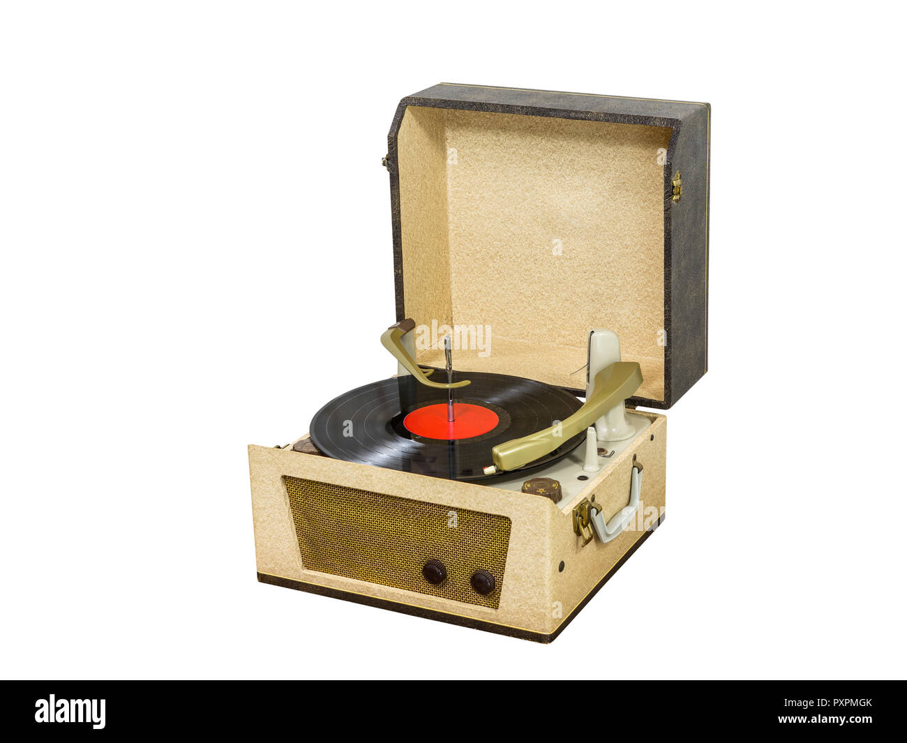 Vintage record player box with vinyl album isolated on white. Stock Photo