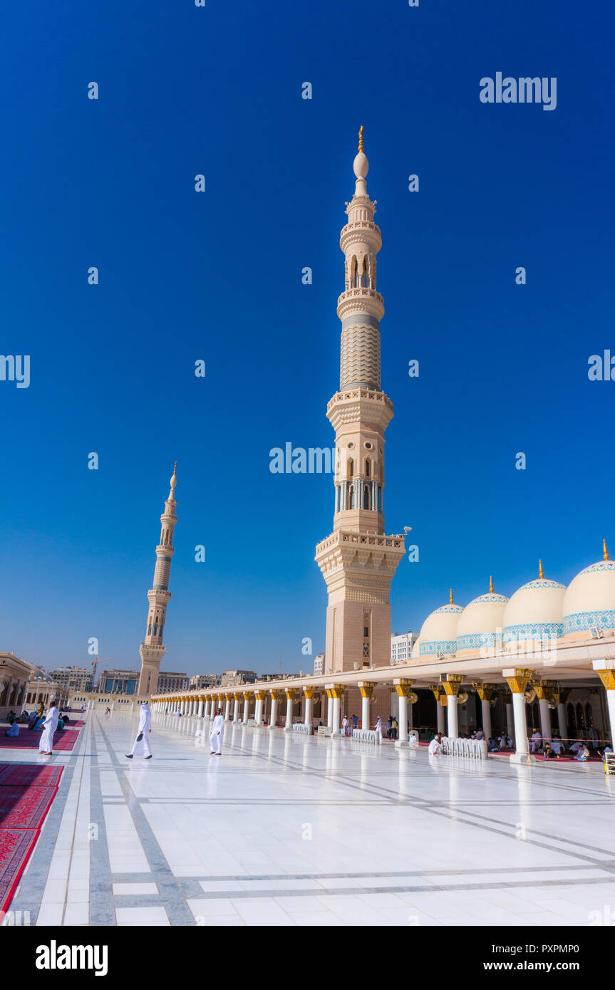 MEDINA-CiRCA 2014 : Exterior view of minarets of a mosque top floor masjid Al Nabawi in Madinah, Saudi Arabia Stock Photo