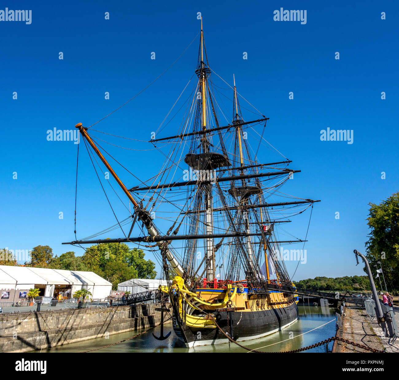 Replica of French frigate l'Hermione in her dock at the Arsenal of Rochefort, Charente Maritime, Nouvelle-Aquitaine, France Stock Photo