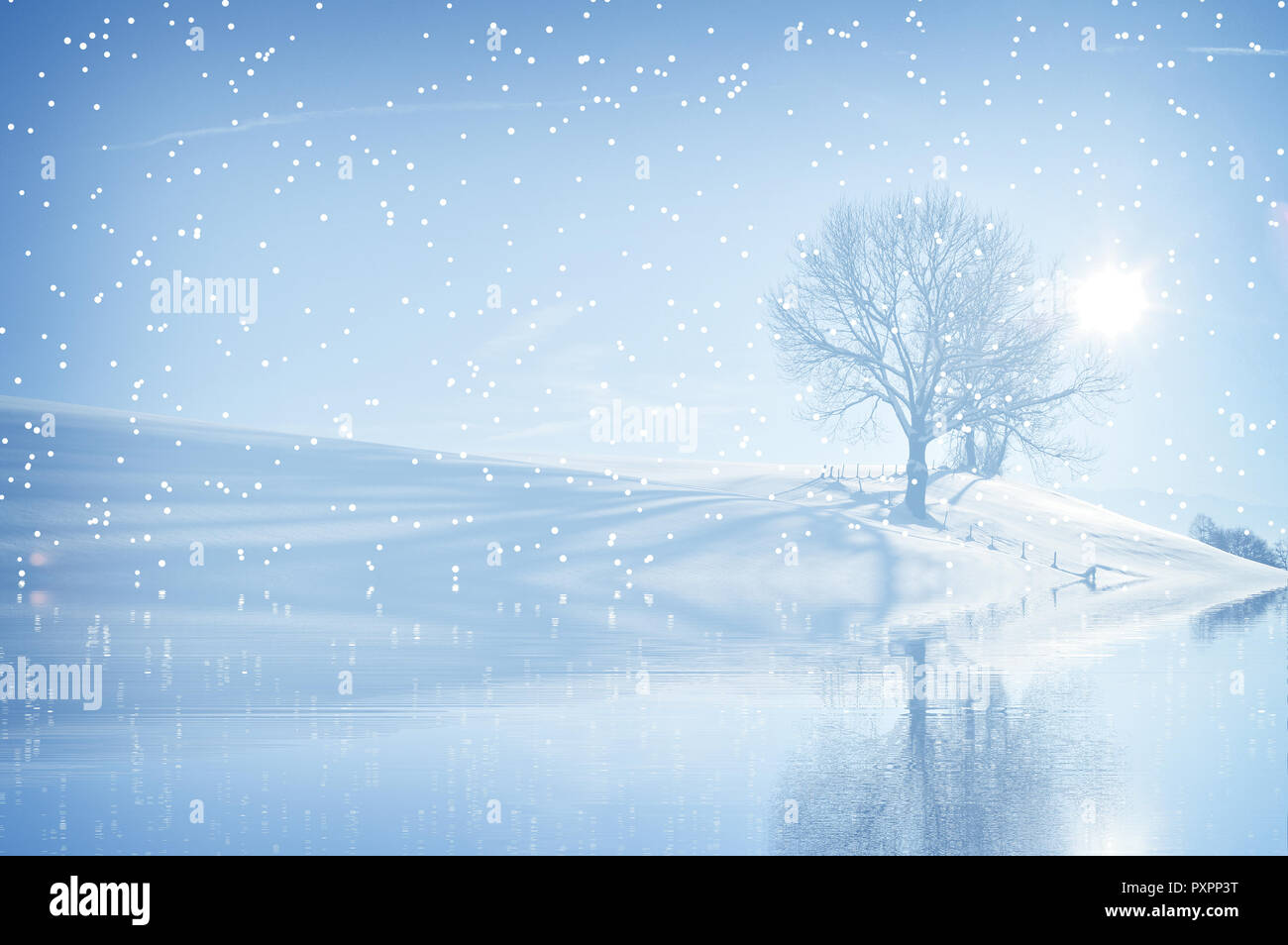 Background for Christmas greeting card with a picture of winter landscape. Stock Photo