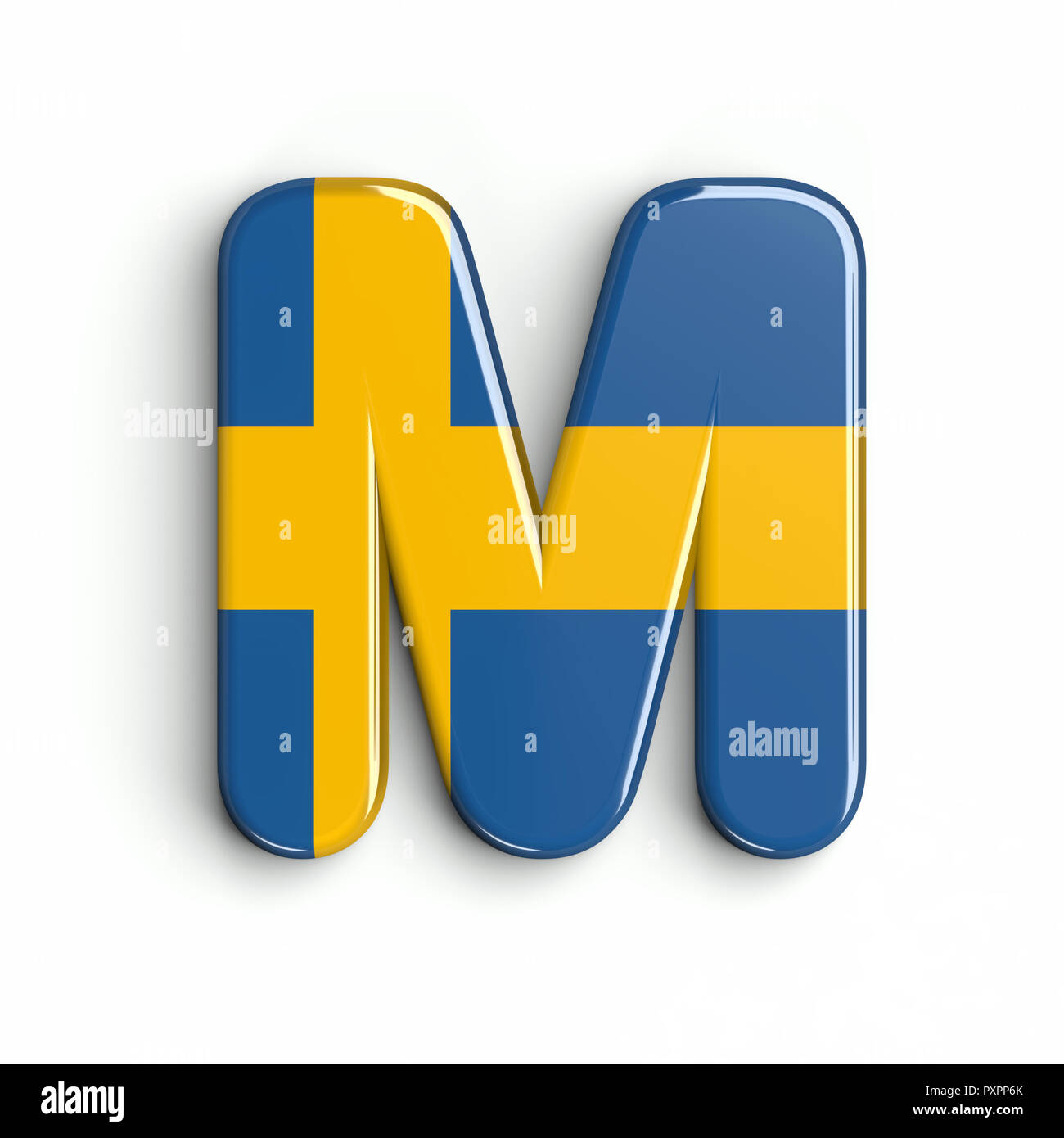 Sweden flag letter M - Capital 3d swedish font isolated on white background. This alphabet is perfect for creative illustrations related but not limit Stock Photo