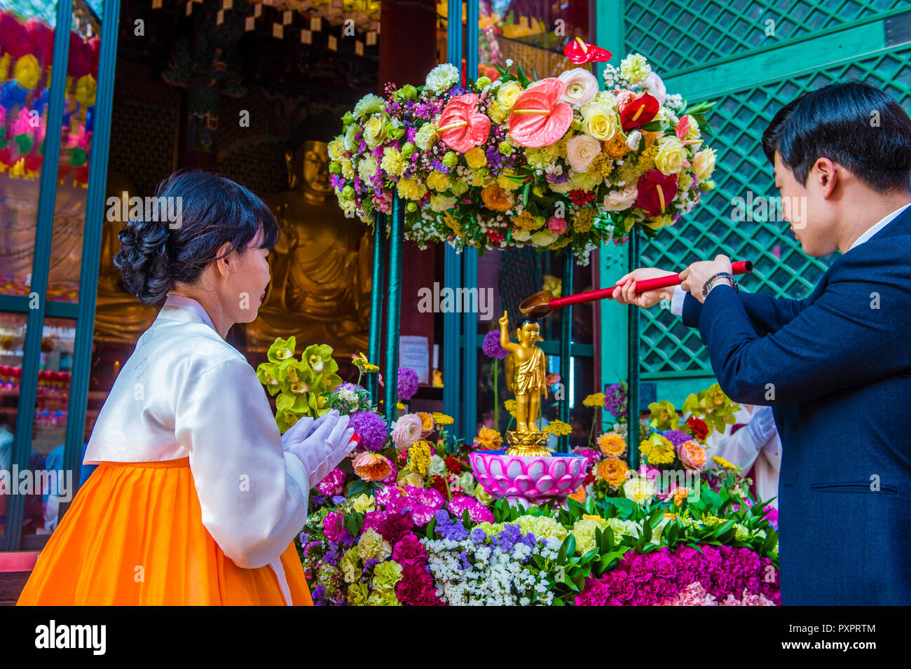 Bathing of Buddha ceremony during Lotus Lantern Festival in Seoul , Korea Stock Photo