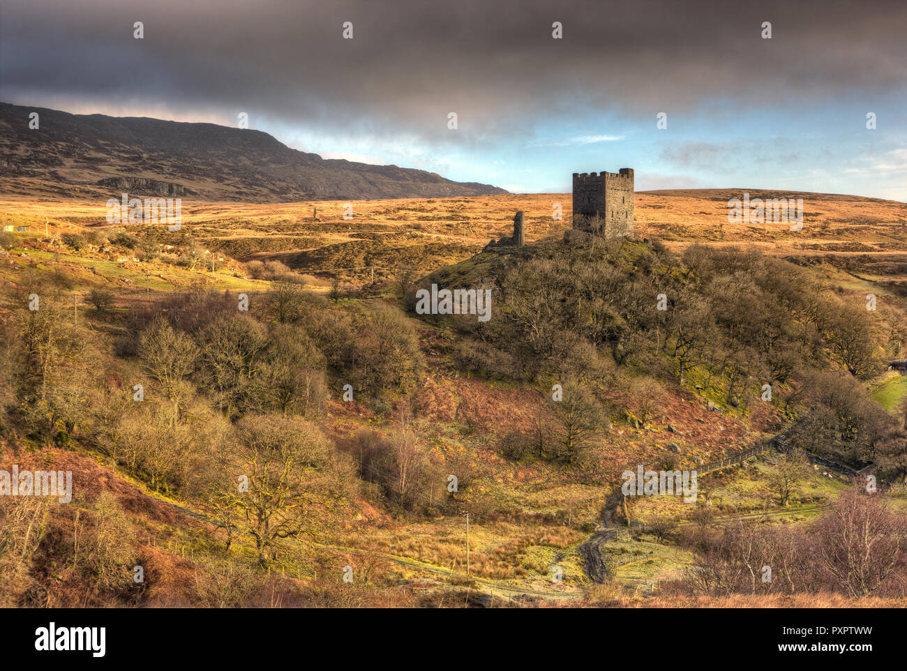 Dolwyddelan castle was built between 1210 and 1240 and was the stronghold of the Princes of Gwynedd. It is located between Blaenau Ffestiniog and Dolw Stock Photo