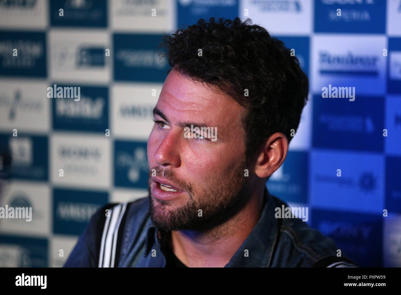 Mark Cavendish being interview during day one of the Six Day Series at Lee Valley Velopark, London. Stock Photo