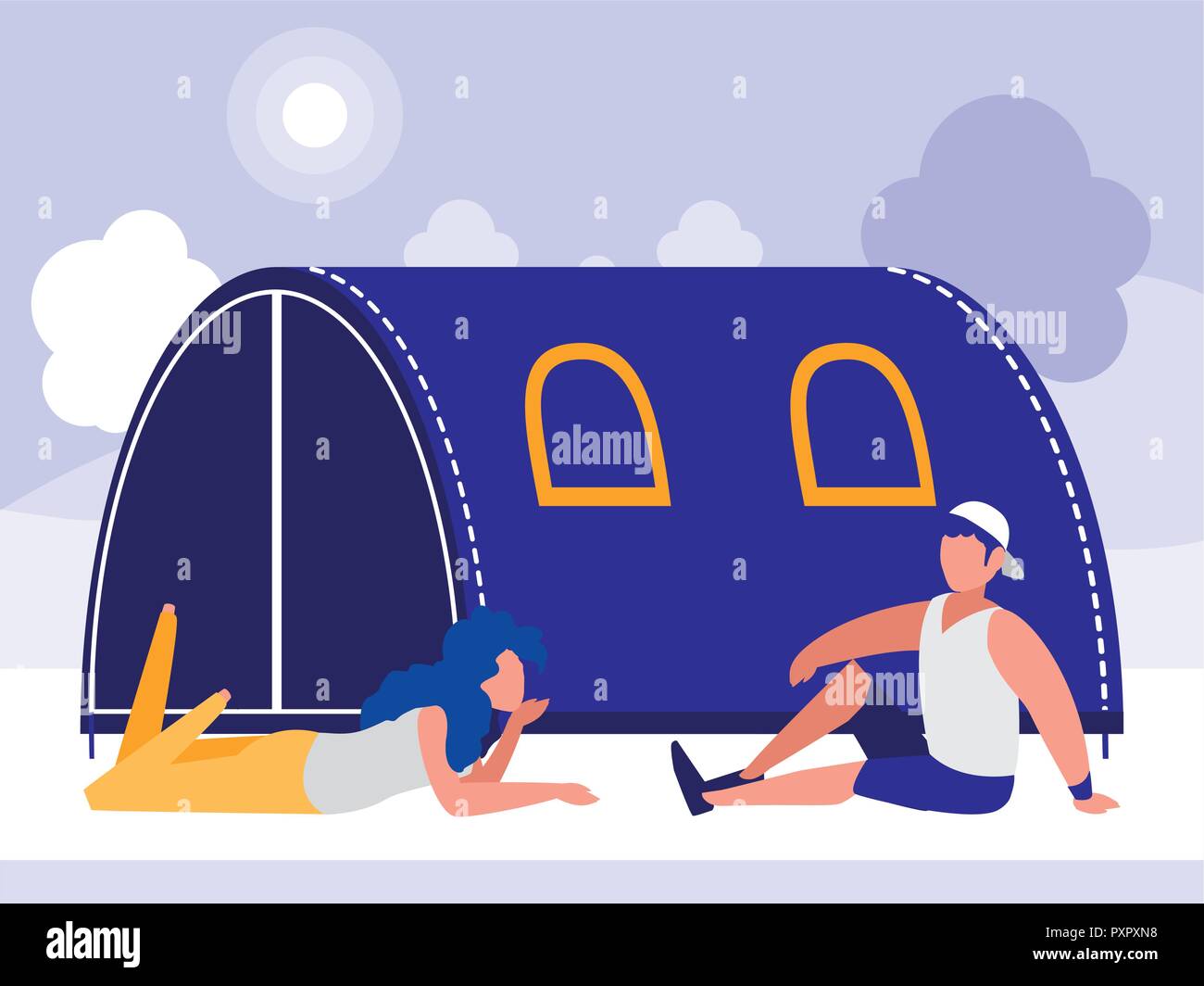camping tent and woman and man over purple background, vector ...
