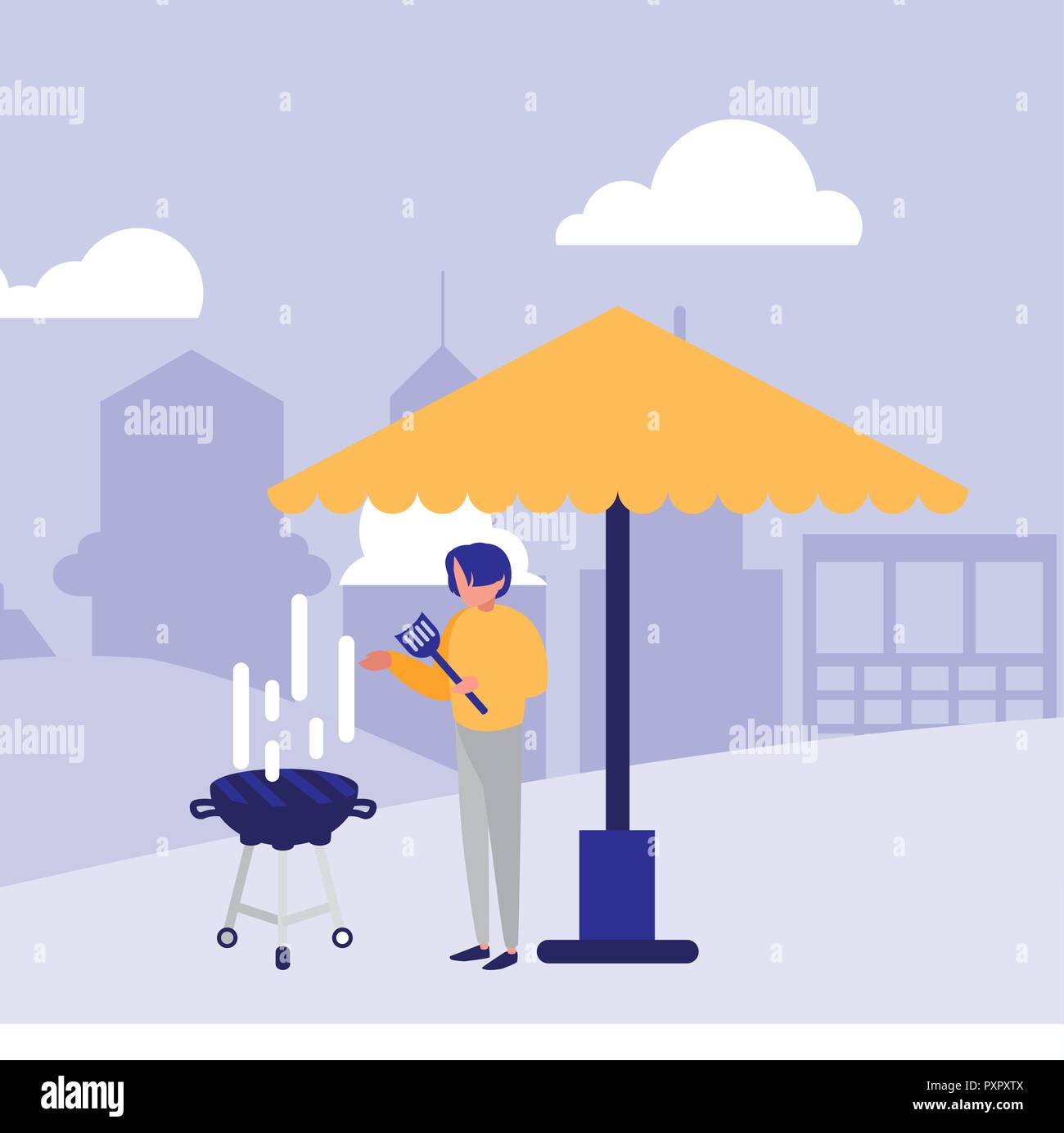 parasol with bbq grill and man standing over background, colorful design.  vector illustration Stock Vector Image & Art - Alamy