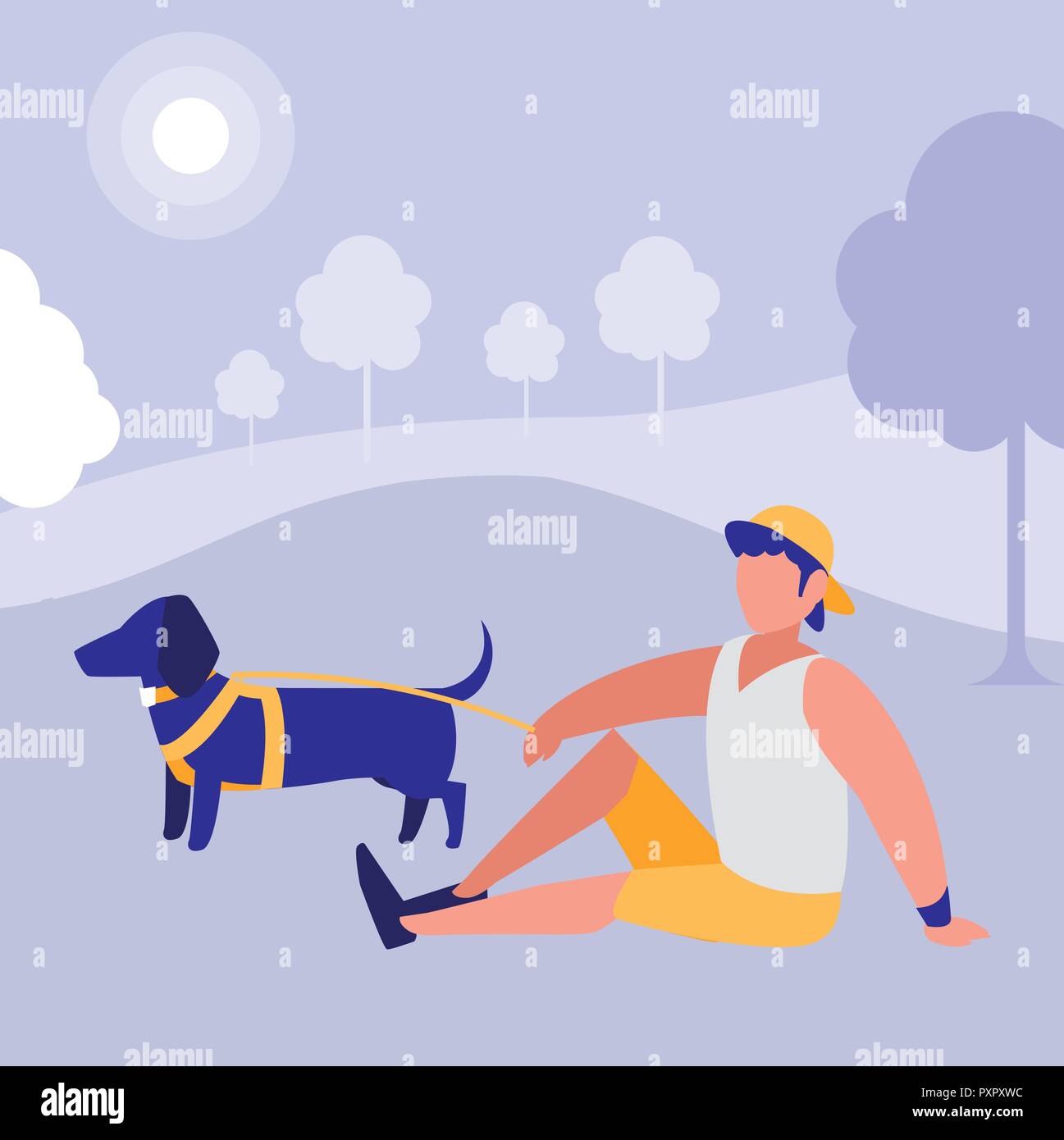 man sitting with a dog over purple background, vector illustration ...