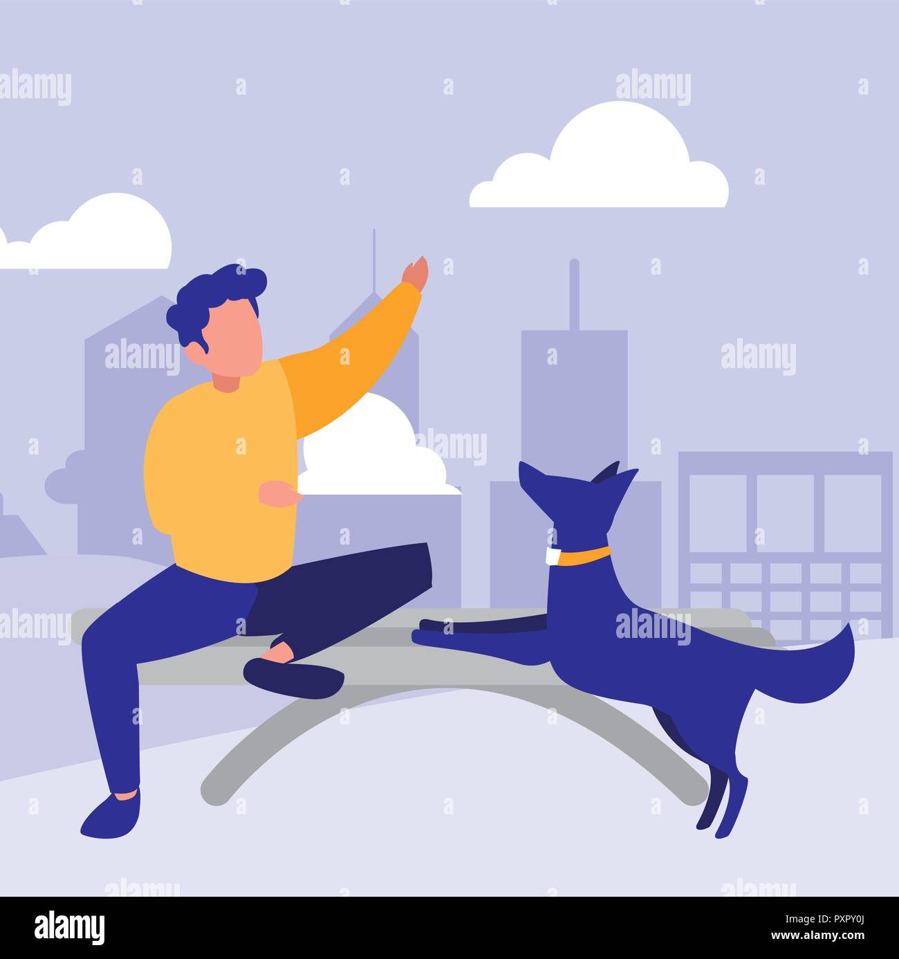 man sitting with a dog over purple background, vector illustration ...