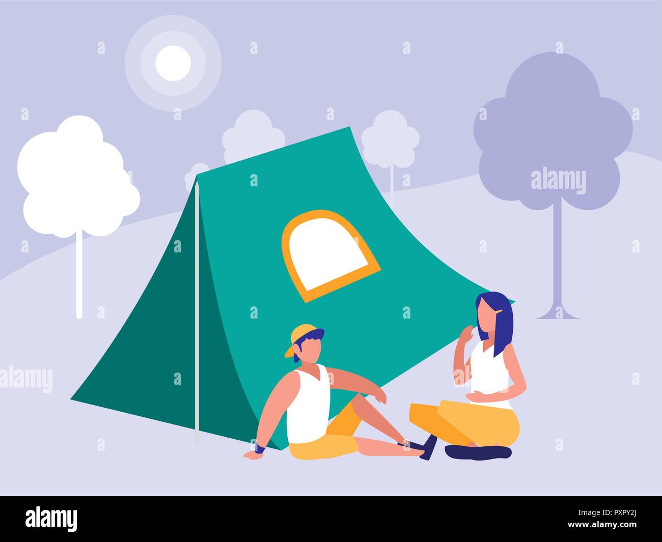 camping tent and woman and man over purple background, vector ...