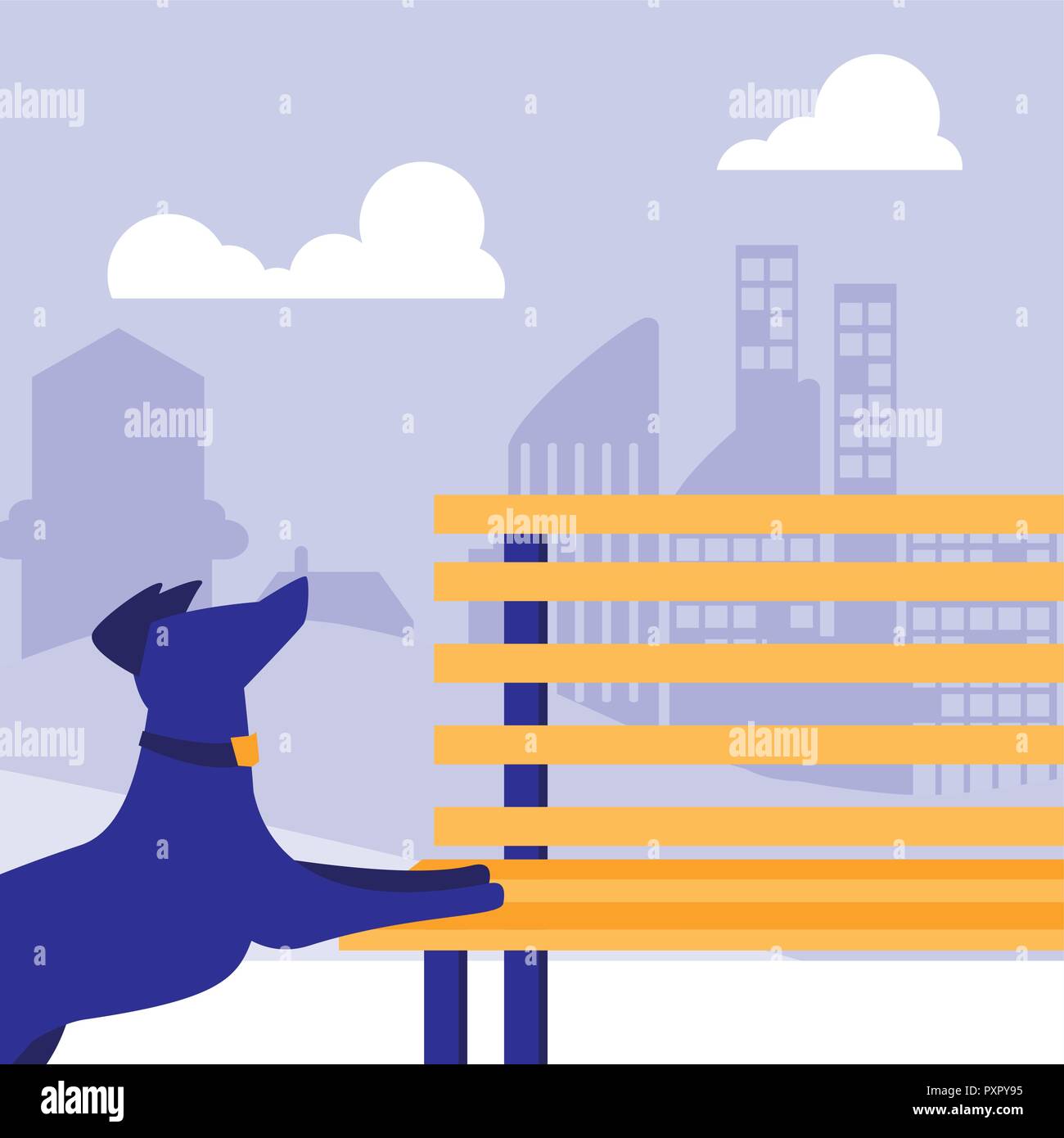 dog and park bench icon over purple background, vector illustration