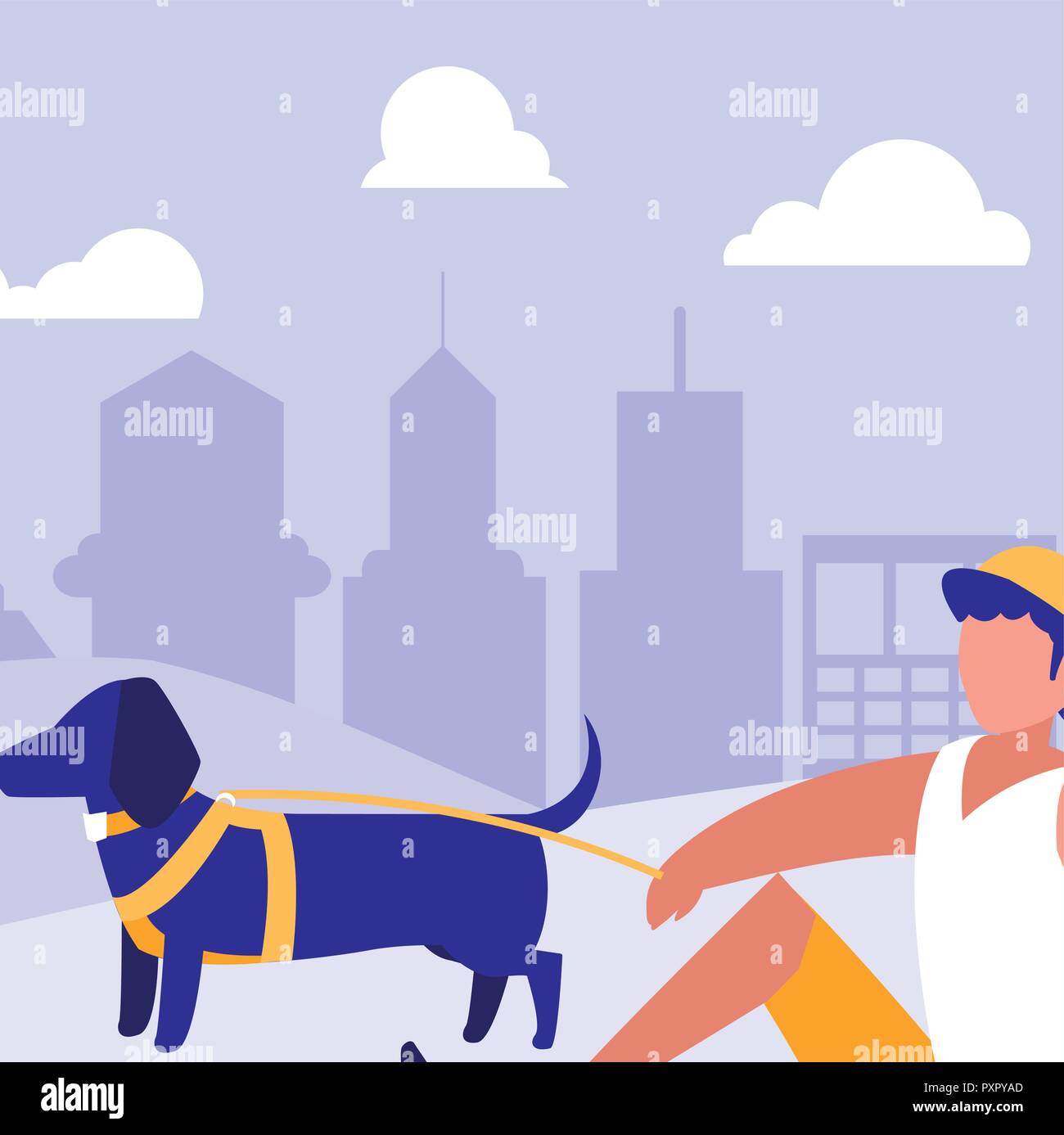 man sitting with a dog over purple background, vector illustration ...