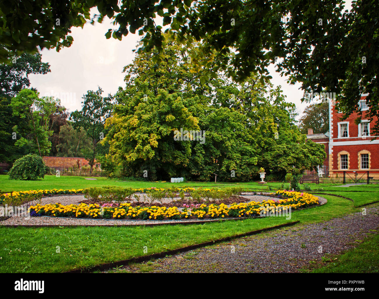 A circular flower bed in the grounds of Lytham Hall, Lancashire Stock Photo
