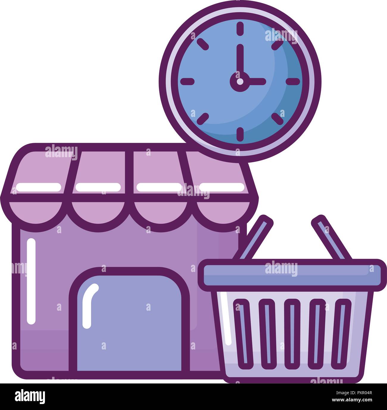 clock with shoppping basket and store icon over white background ...
