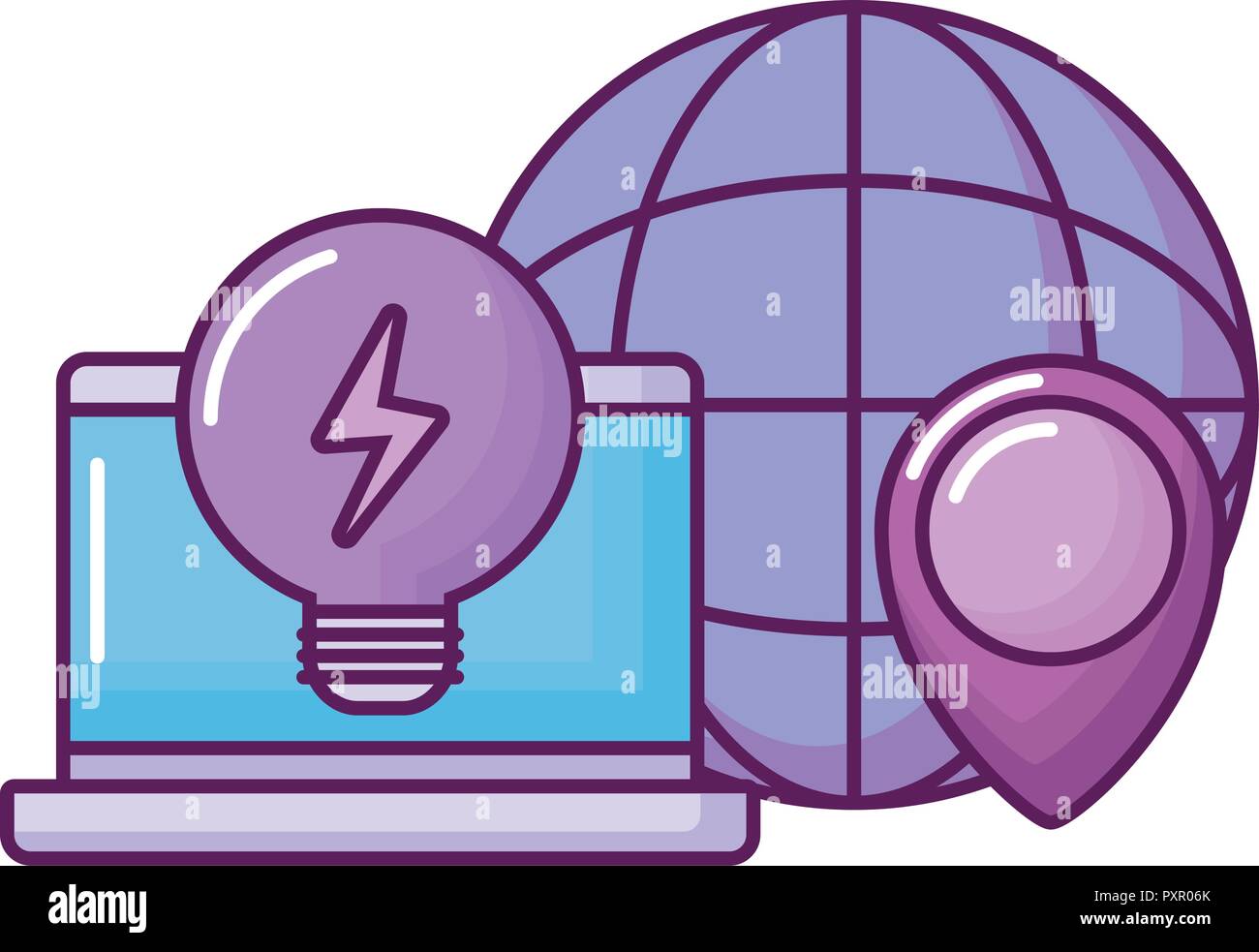 global sphere with location pin and computer over white background ...