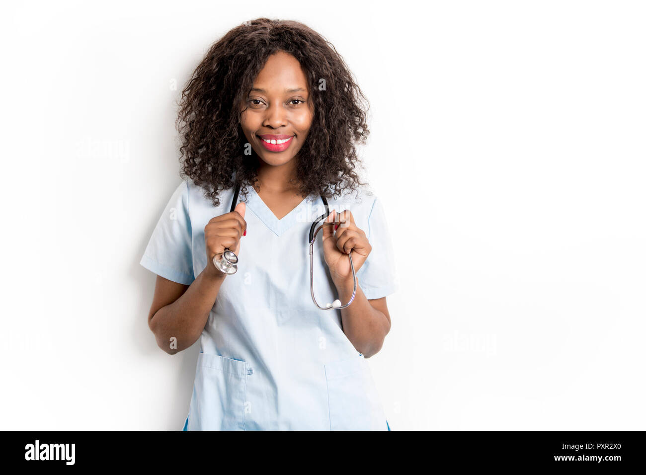 happy african medical intern doctor on studio white Stock Photo