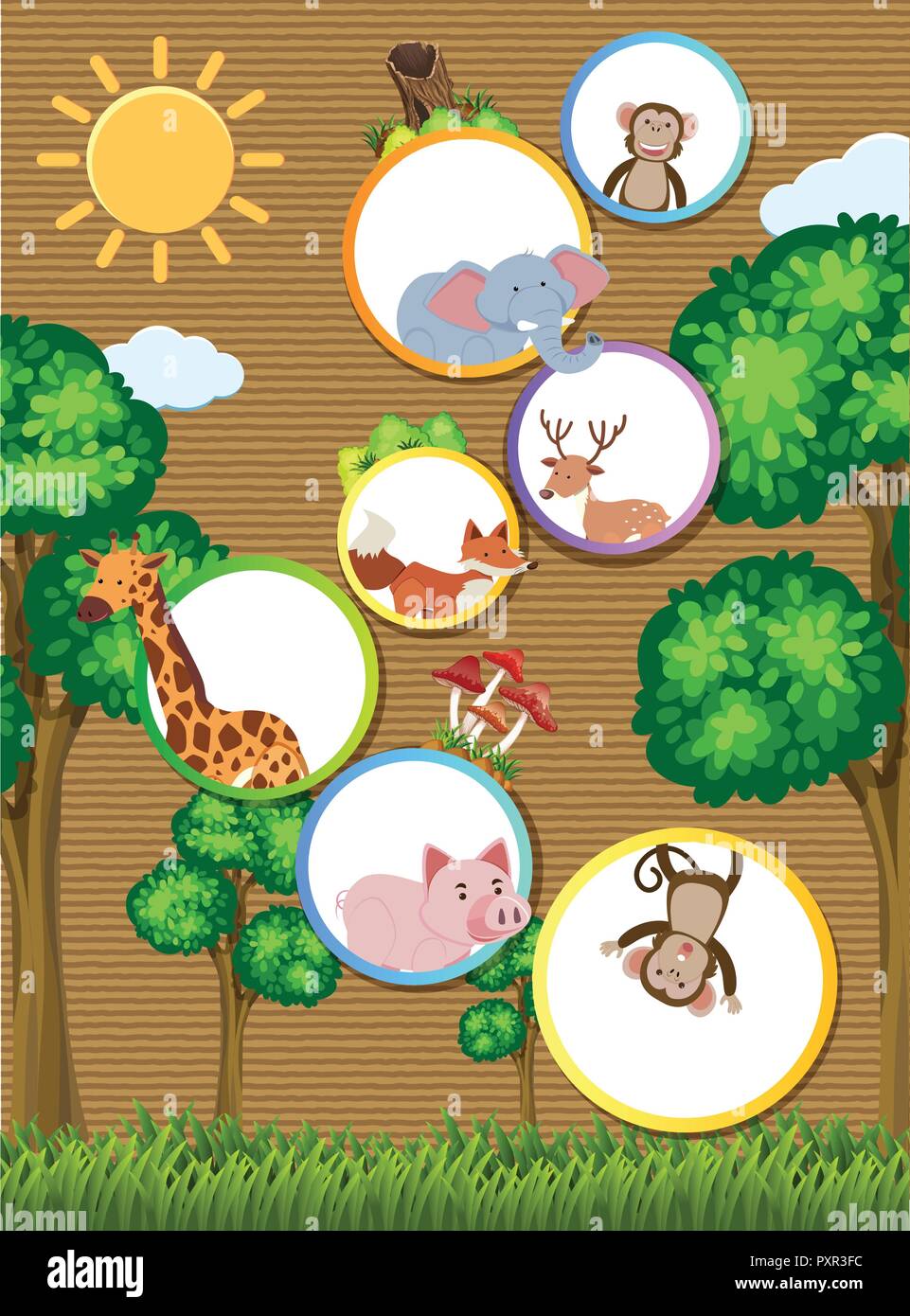 Border template with wild animals on cardboard paper illustration Stock