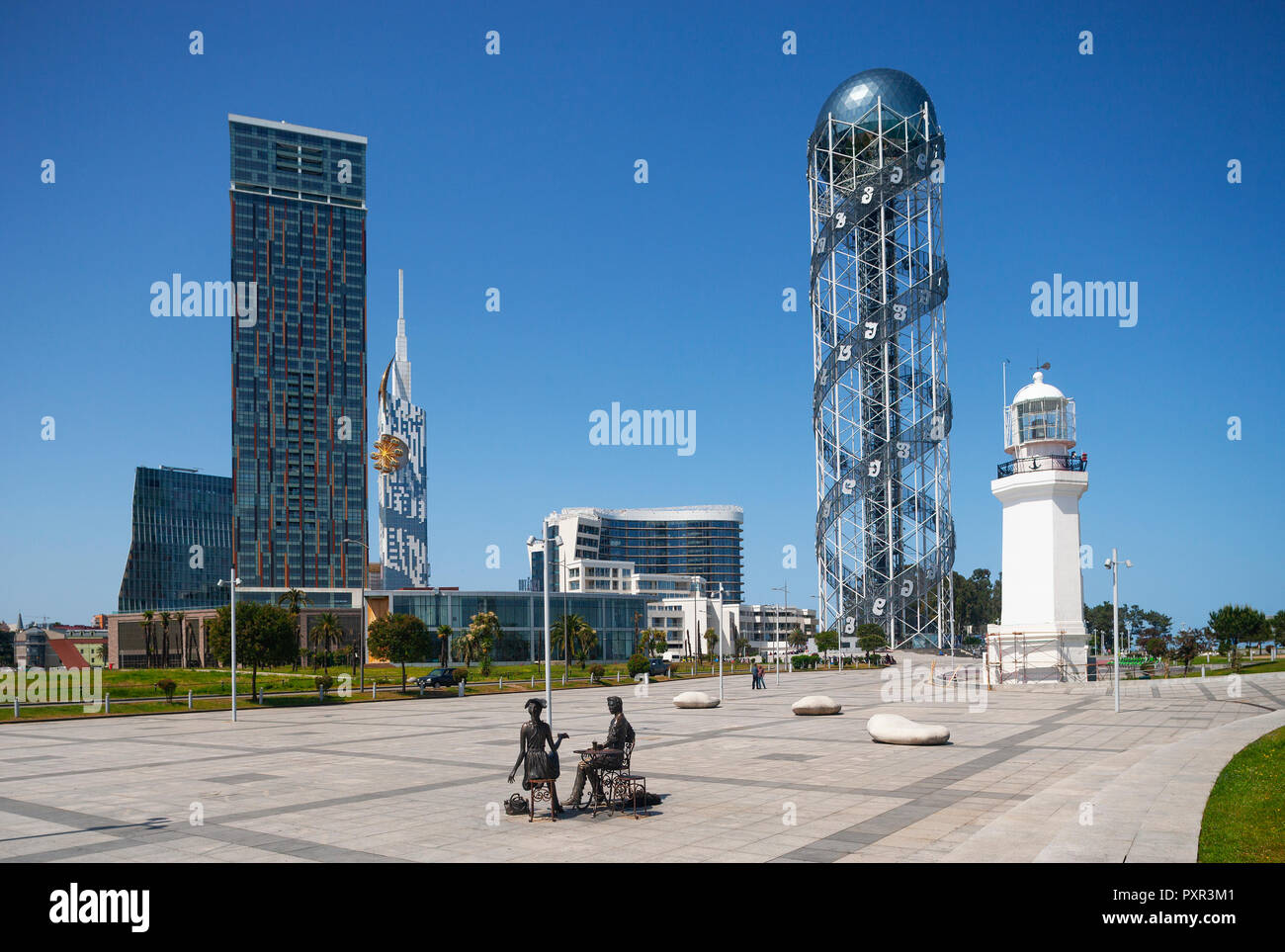 Georgia, Adjara, Batumi, Miracle Park with Alphabetic Tower and lighthouse Stock Photo