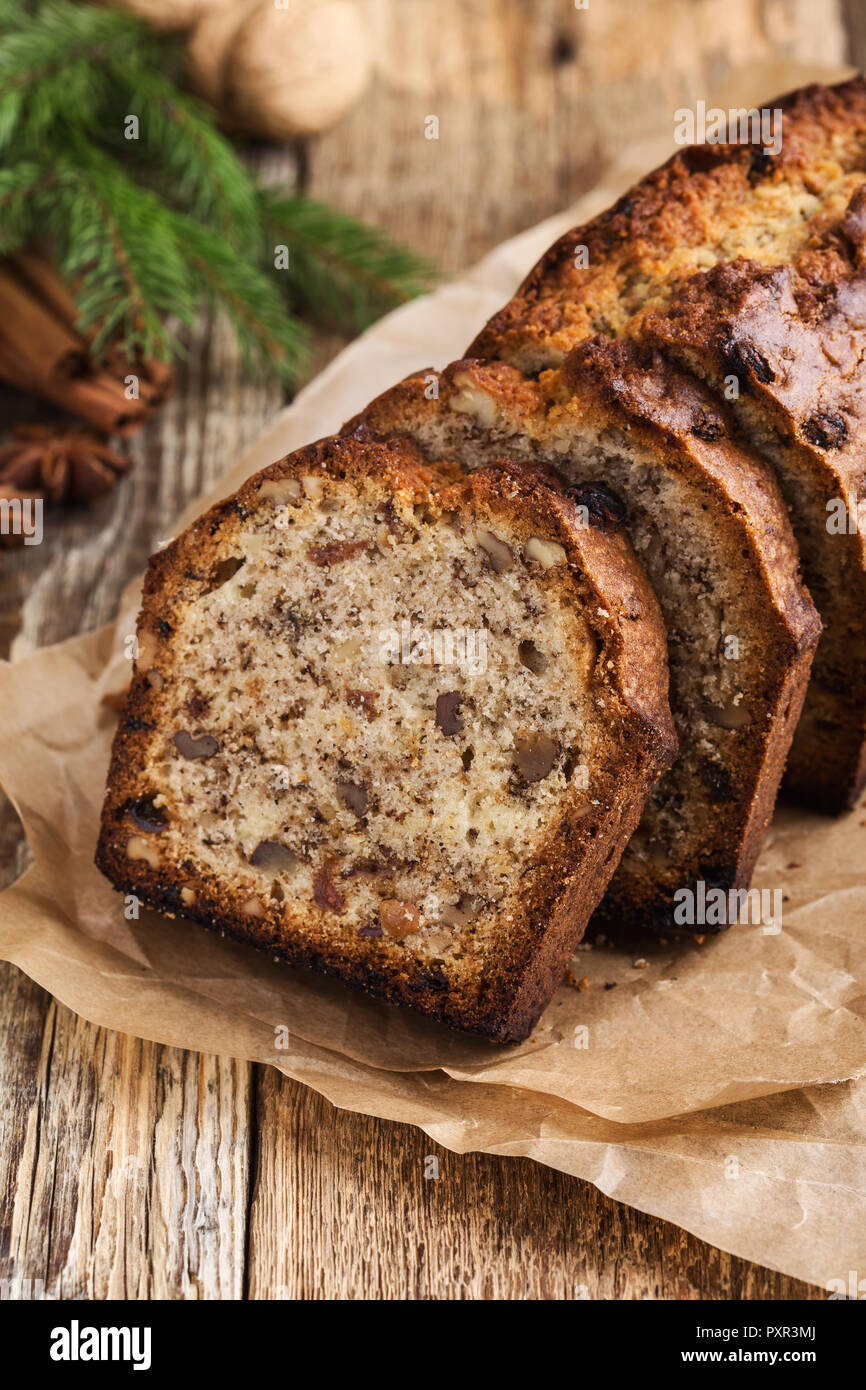Baked Christmas Loaf Cake With Cinnamon Nuts And Dried Fruits On Festive Rustic Table Stock Photo Alamy