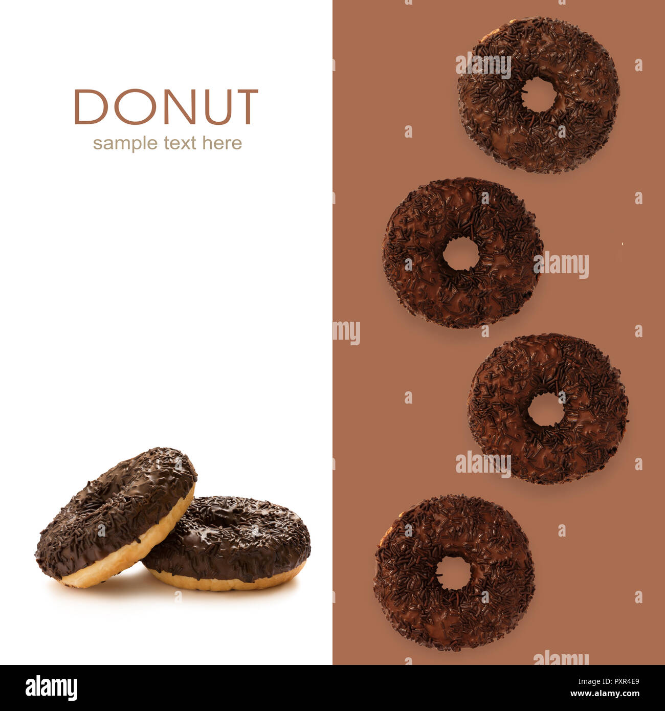 Donuts in chocolate glazed with chocolate chips isolated on the white background, seamless pattern, top view, flat lay Stock Photo