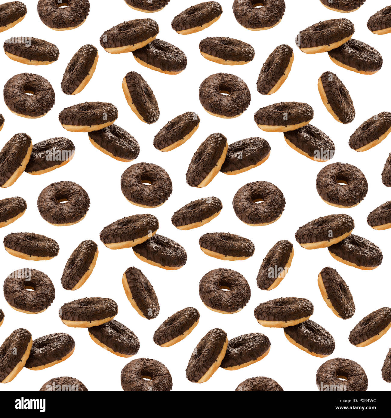 Donuts in chocolate glazed with chocolate chips isolated on the white background, seamless pattern, top view, flat lay Stock Photo