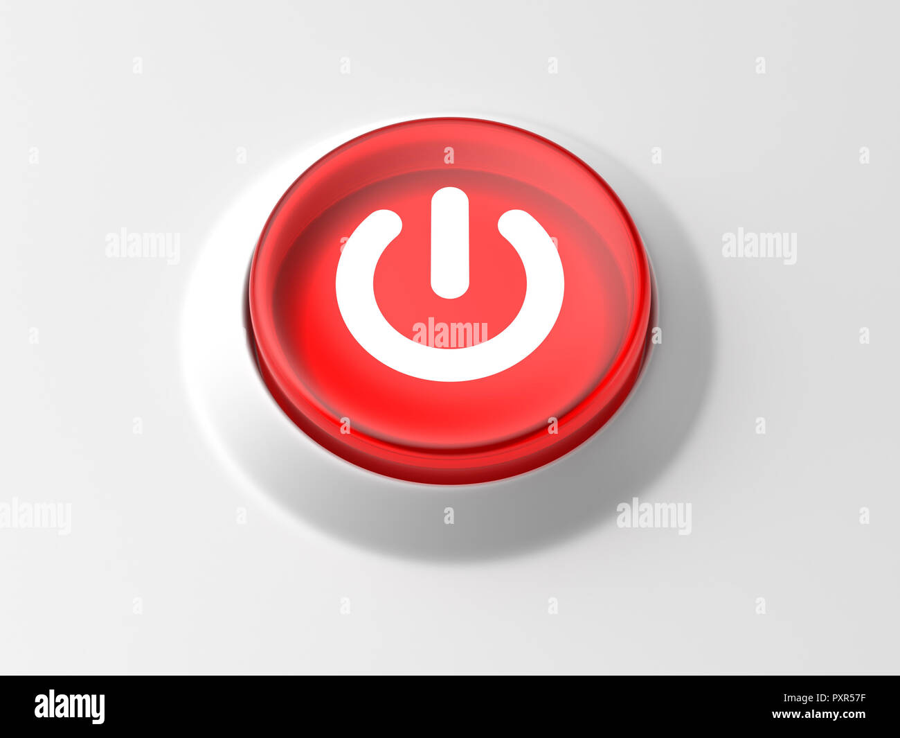 3d rendered angled view of a glowing red power button on a white background. Stock Photo