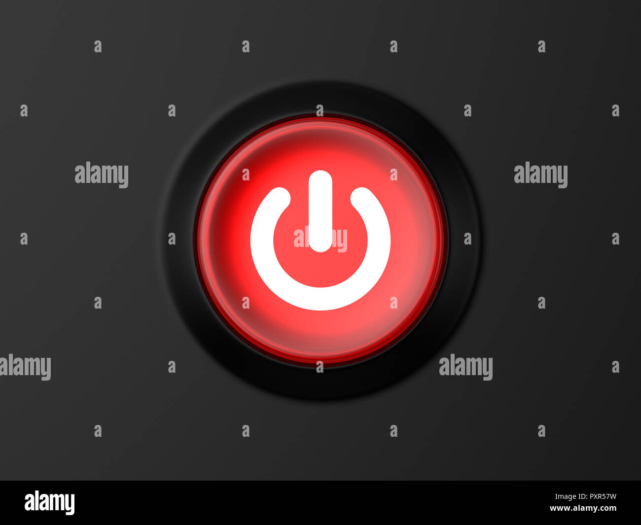 3d rendered front view of a glowing red power button on a black ...