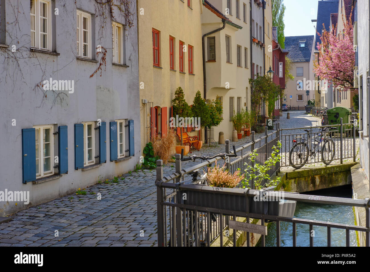 Germany, Augsburg, Lechviertel, row of houses, alley, Hinterer Lech Stock Photo